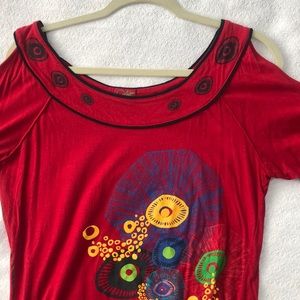 EUC Coline Cold Shoulder Top w/Ruched Sides and Tie Sleeves - Sz L